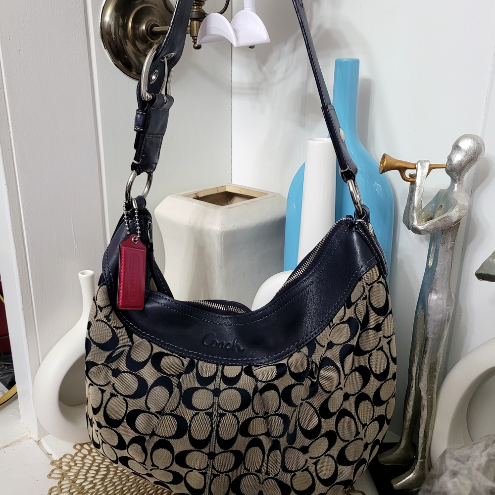 Coach Navy and Tan Signature Hobo Bag - Picture 2 of 13